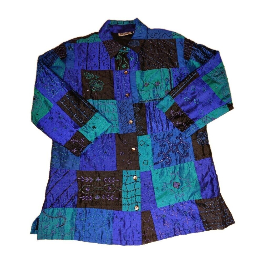 VTG Chico's Design 100% Silk Embroidered Patchwork Jacket Art To Wear Blue Teal